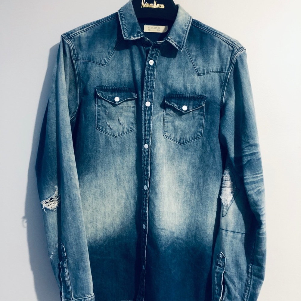Allsaints Distressed Denim Button Down Shirt